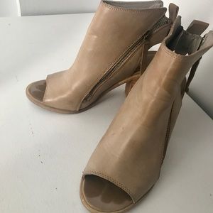 Taupe Leather Double Zipper Open Toe Heels